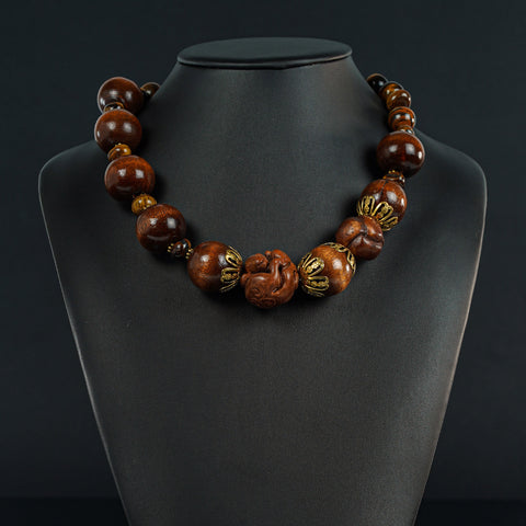 Brown Wood, Quartz and Pearl Necklace