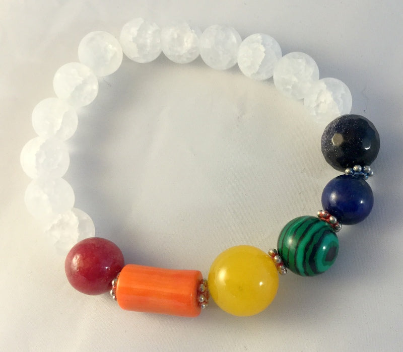 BW7: Chaakra bracelet with snowy Quartz, Bamboo, yellow Jade, Malachite,  Lapis and faceted Sapphire