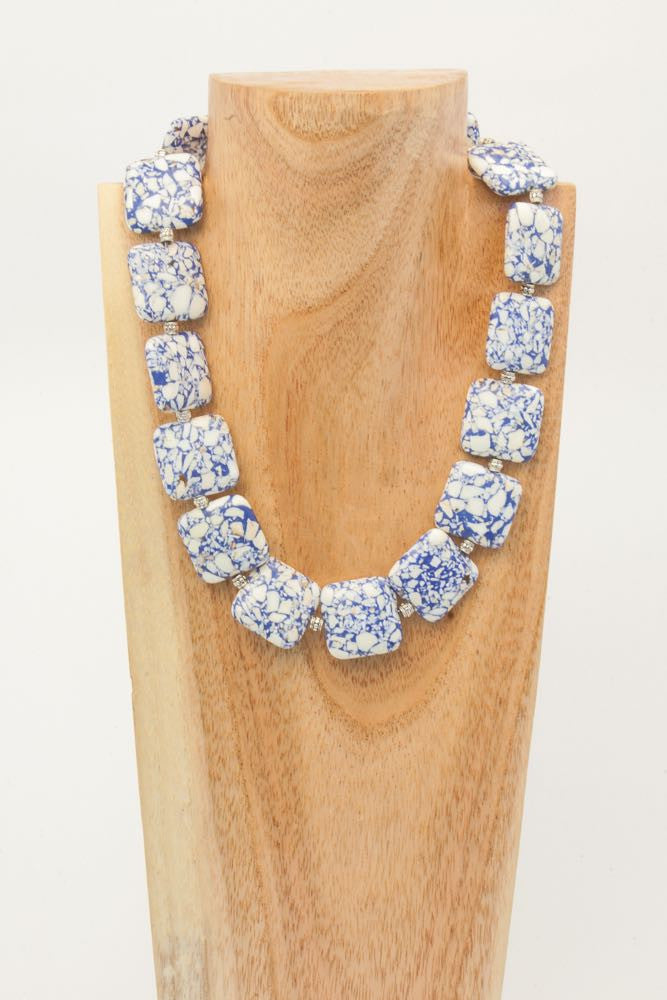 Bralin - Blue and White Pressed Stone and Silver Metal Choker Necklace