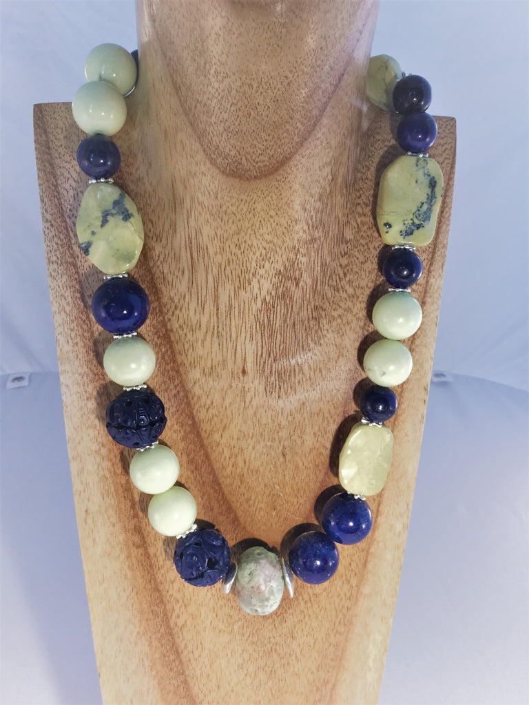 LEMONY: 18mm Lemon Chysophrase balls with 2 carved Lapis and 14mm lapis