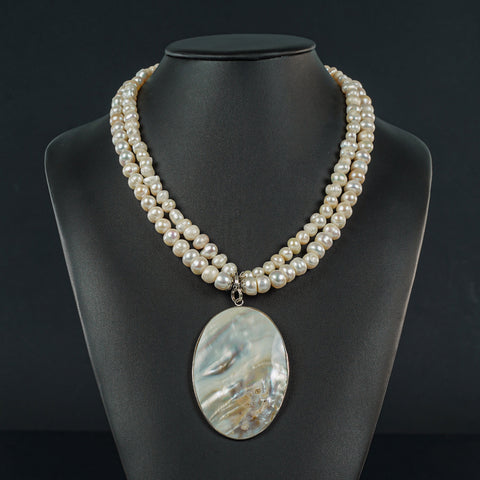 Brown Wood, Quartz and Pearl Necklace