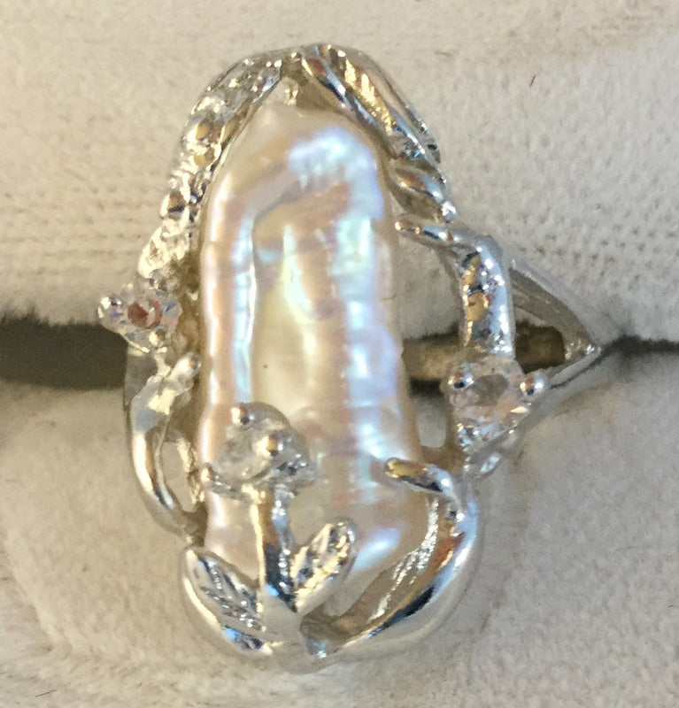 RS148: Baroque white pearl and sterling ring